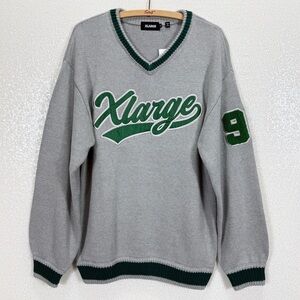 XLARGE Varsity Knit Sweater Grey Green Logo Patch V-Neck Streetwear Size M